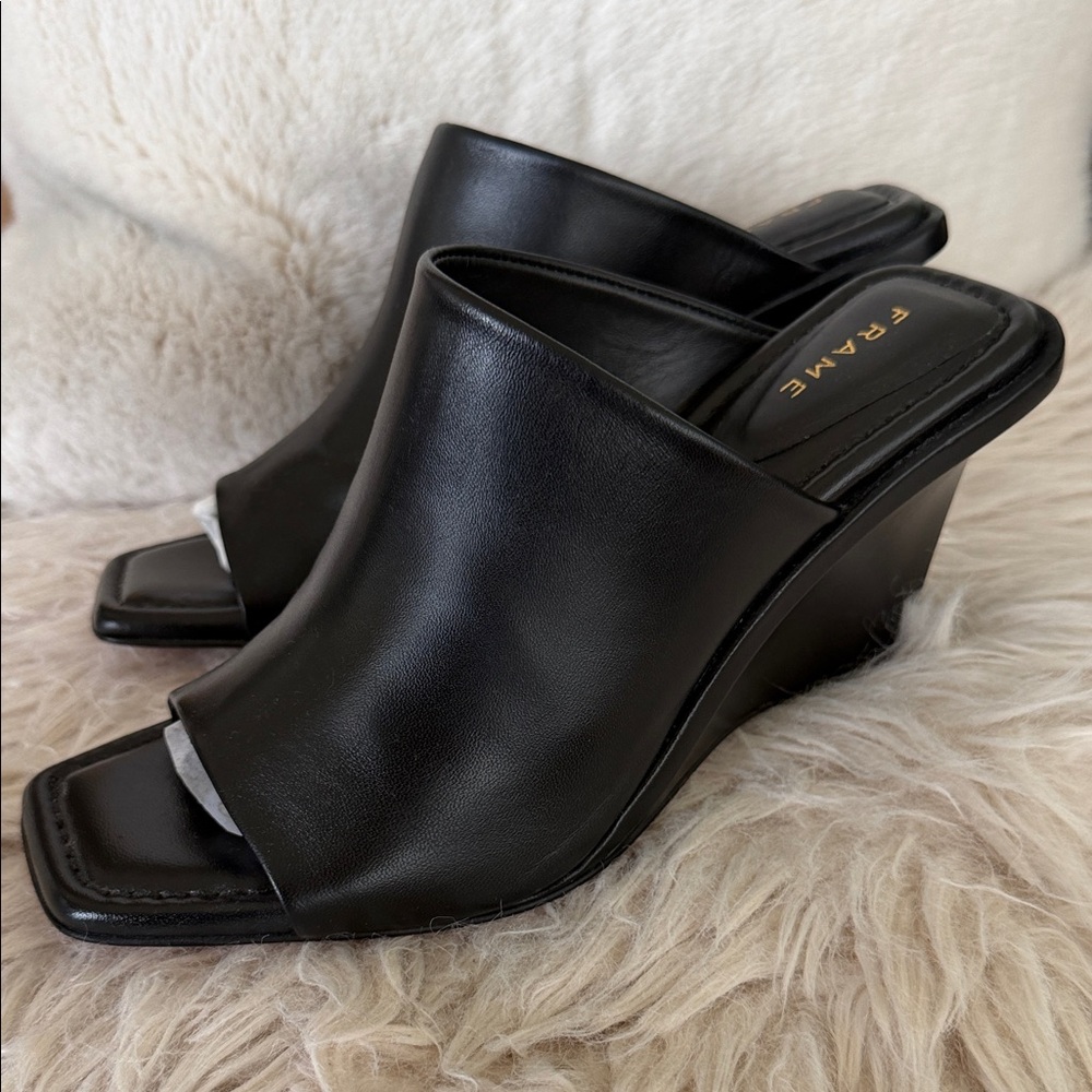 Frame Black Leather Wedge Slides 37.5 NWT